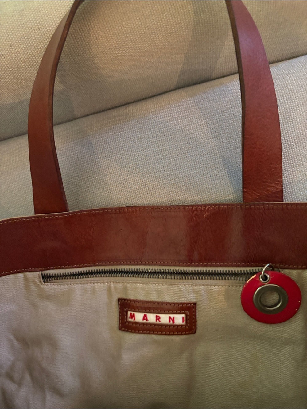 Marni Beige Canvas Tote with Feather Motif and Brown Handles - Picture 3 of 3